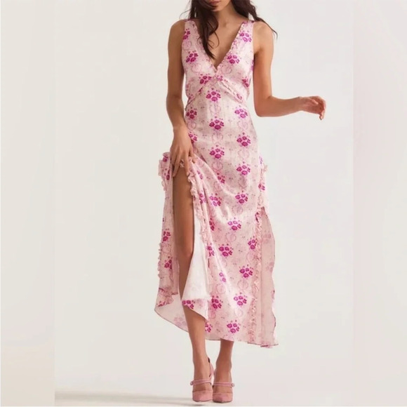 LoveShackFancy Kendall Satin Floral Pink Midi Dress size 0 - Picture 2 of 11